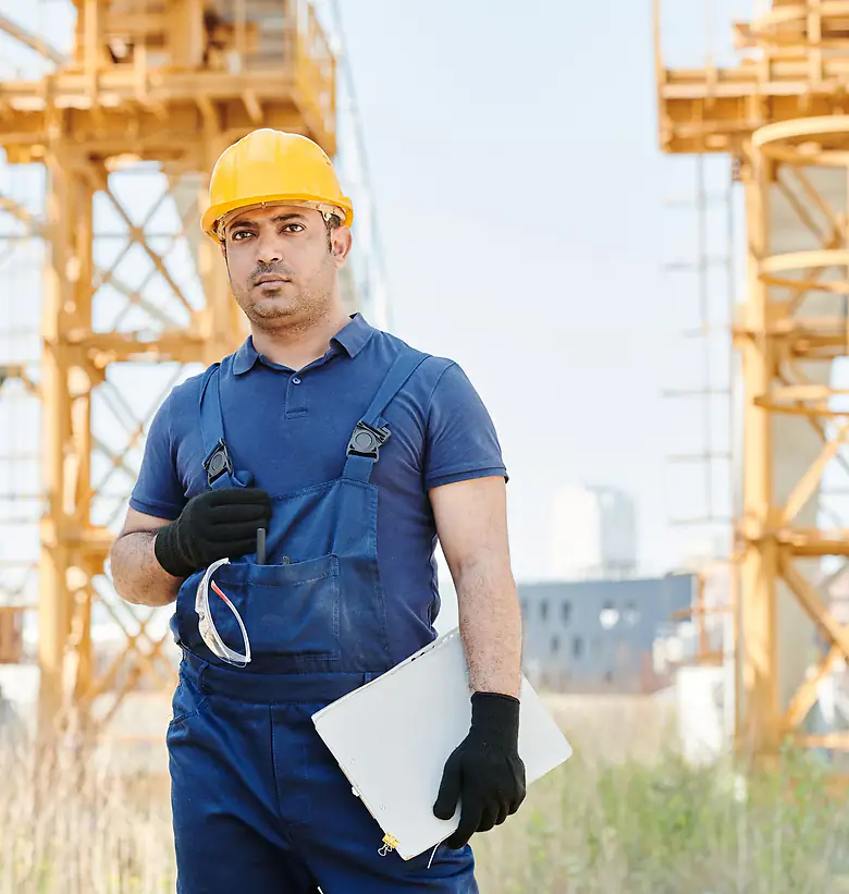 Inspector in a yellow hard hat and coveralls holding a clipboard in front of tower crane masts