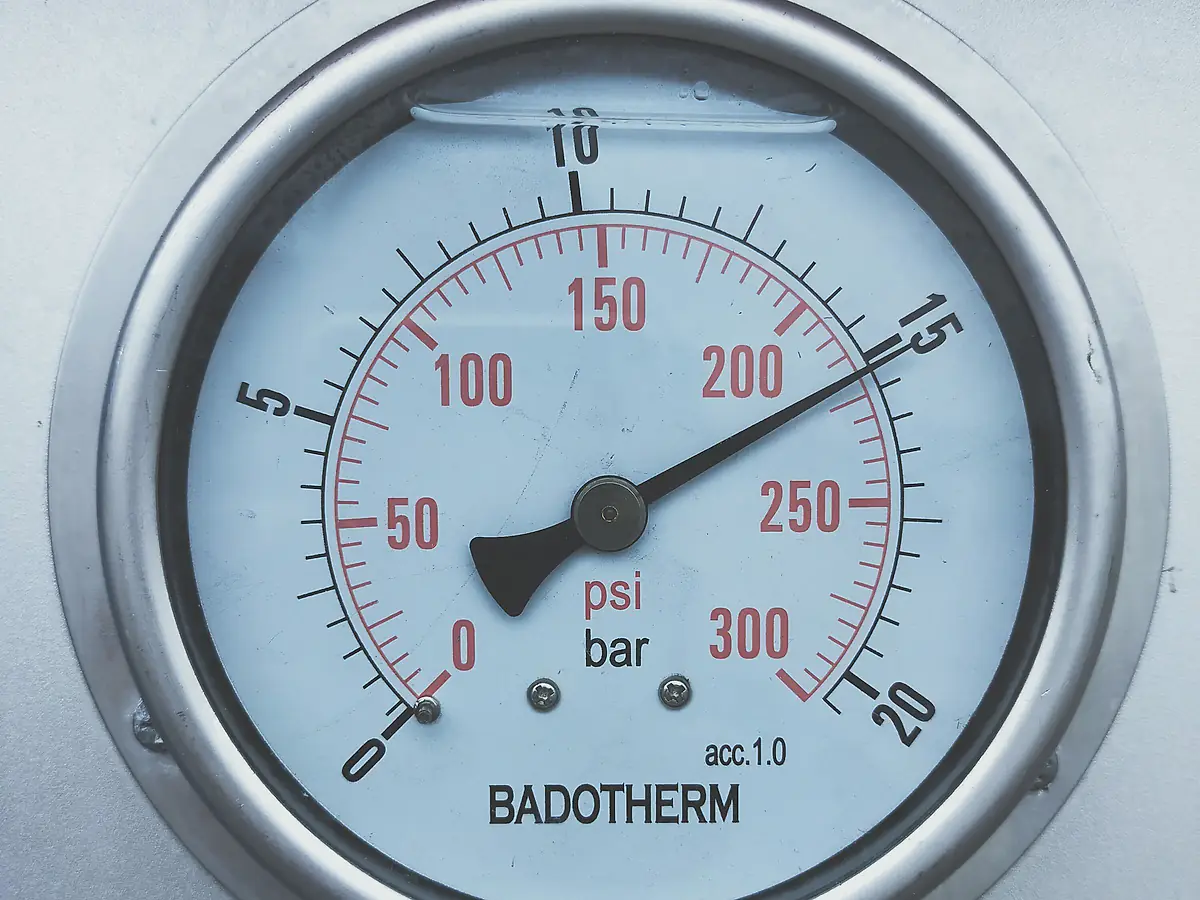 Close-up of an industrial pressure gauge